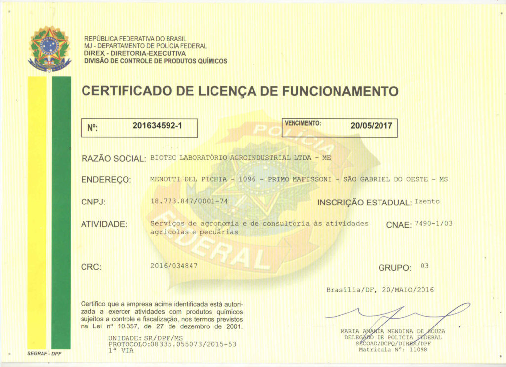 Certificado de Licença de funcionamento - Policia Federal